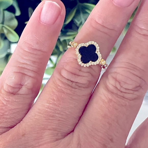 Rachel Zoe Sterling Silver 925 Onyx CZ Mother of Pearl Clover reversible Ring - Picture 4 of 4